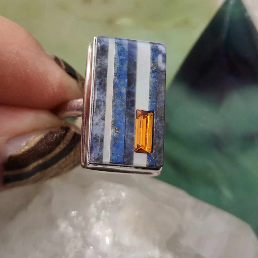 Natural Lapis Lazuli, Pearl & Citrine Ring .925 sz 9 - Picture 3 of 12